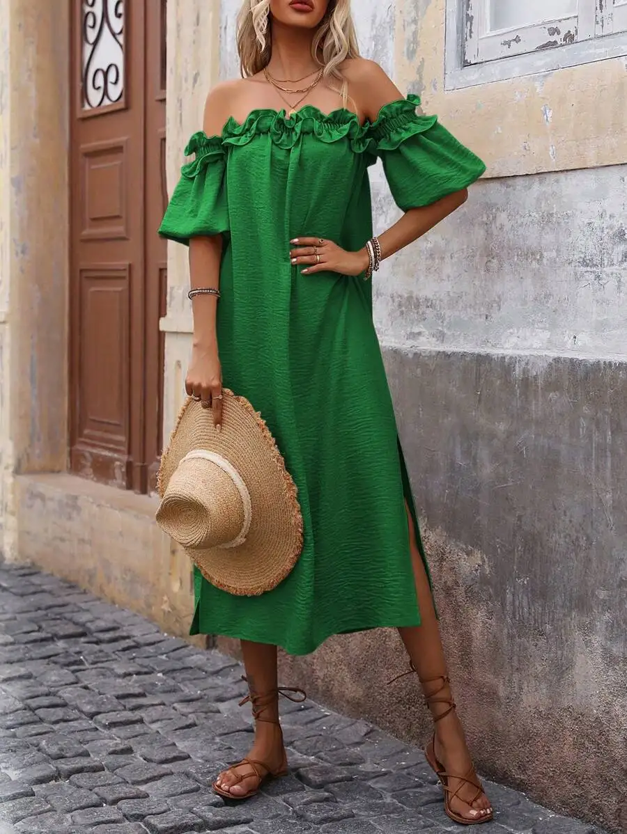 

Women Off Shoulder Ruffle Trim Slit Maxi Dress Vacation Beach Outfit
