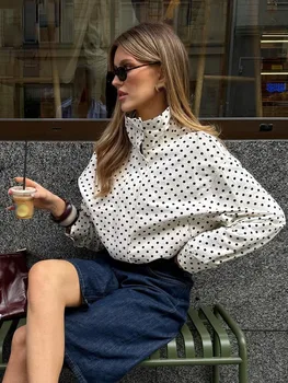 HH Woman Autumn Long Sleeves Turtleneck Zipper With Pockets Drawstring Casual Coats Women Fashion Polka Dot Printed Jacket 5