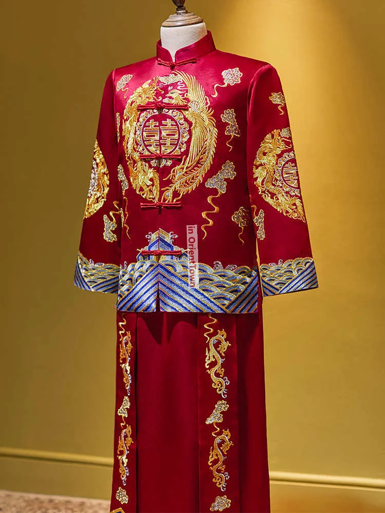ملابس Xiuhe العريس التقليدية للرجال لحفلات الزفاف الصينية ملابس نخب + رداء رجالي تنين فينيكس مطرز تانغ زي