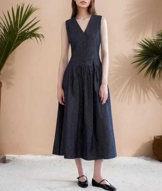 

2026 Summer New Design Elegant Sexy V-Neck Pocket Long Skirt with Simple and Casual Temperament Loose and Sleeveless Dress