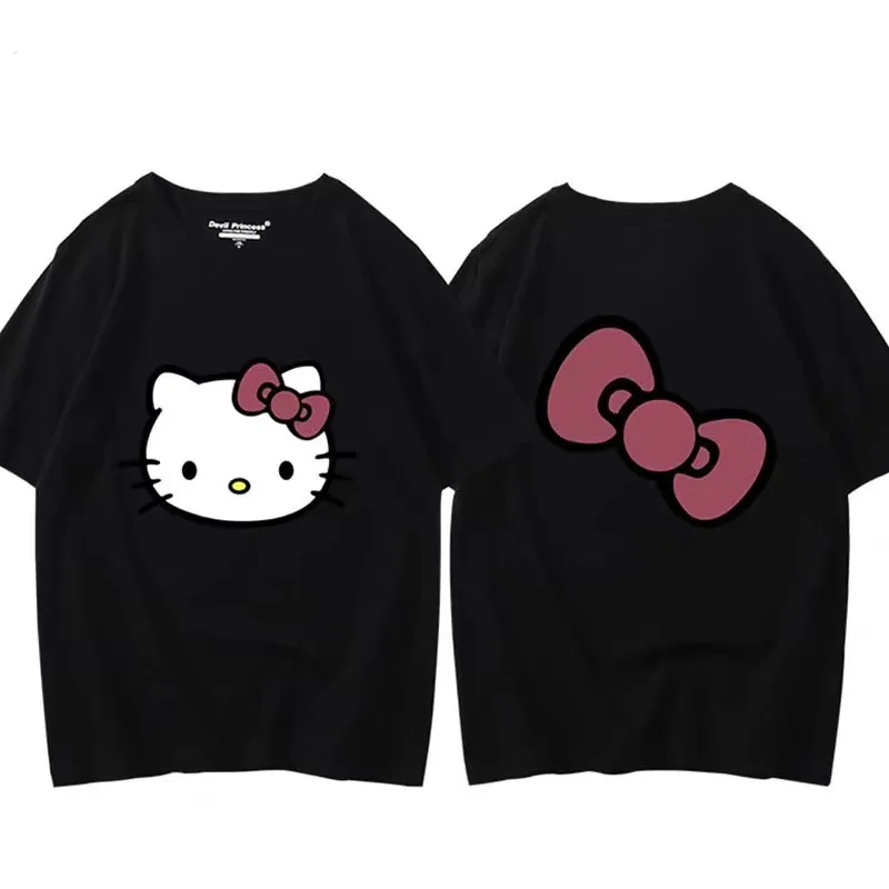 Hello Kitty T-shirt 100%Cotton Printed Cartoon  Girl Summer Student Loose Casual Short-sleeved  Woman Fashion