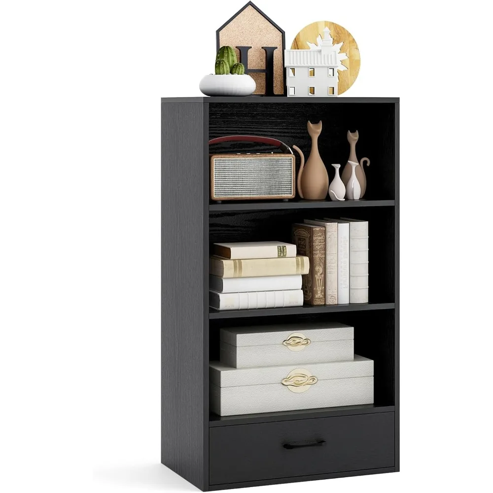 

4-Tier Wooden Bookcase with Drawer, 42.5 Tall Floor Standing Storage Organizer with Anti-Toppling Feature