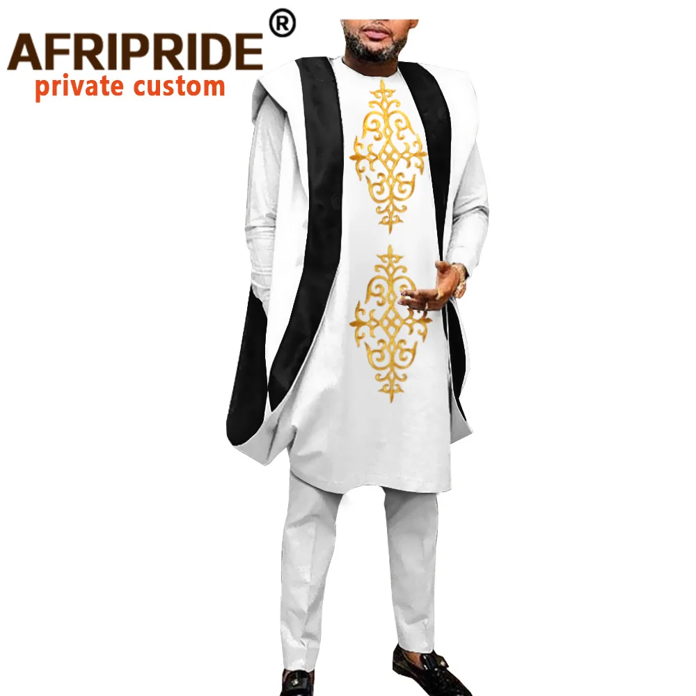 African Clothing for Men Dashiki Embroidery Agbada Robe Plus Size Dashiki Outfits Coats Shirts and Pants 3 Piece Set A2016044