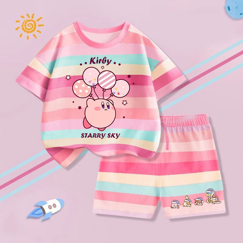 

Stars Kirbys T-shirt Shorts Set Boy Girl Cartoon Anime Figure Short Sleeve Pants Children Striped Home Clothing Kid Clothes Tee