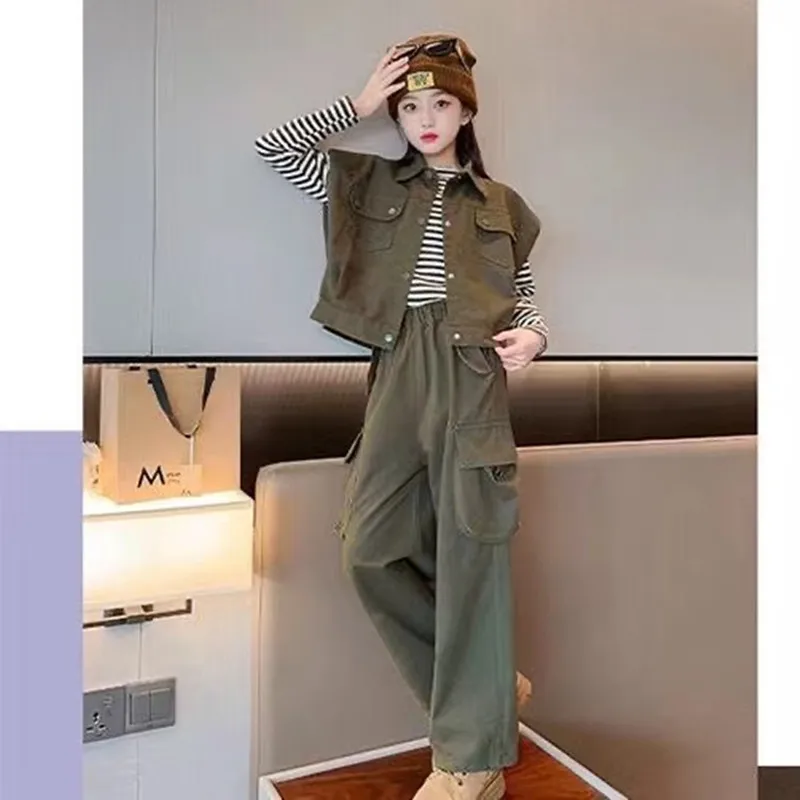 Child Outfit Girl Children Sets T-shirt+Vest+Pant 3 PCS Children Clothing Clothes Girl 2024 New 6 8 10 12 14 Year Kids Outfits