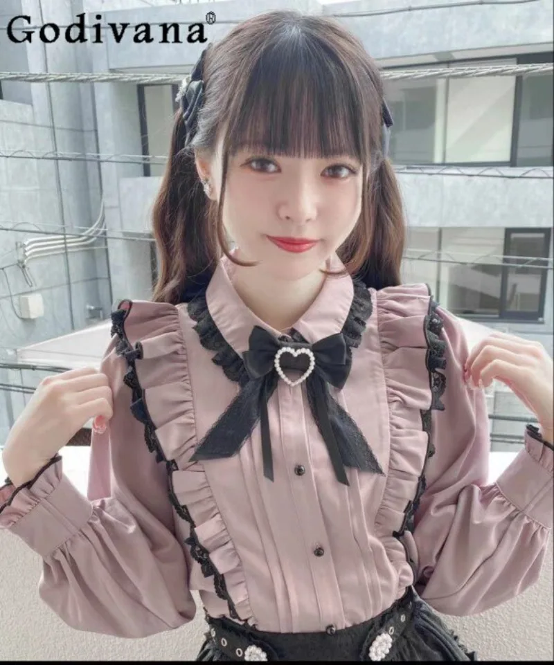 

2026 Spring New Japanese Style Original Lolita Long Sleeve Shirt with Doll Collar Bow Lace Trim Sweet and Cute Women's Blouse