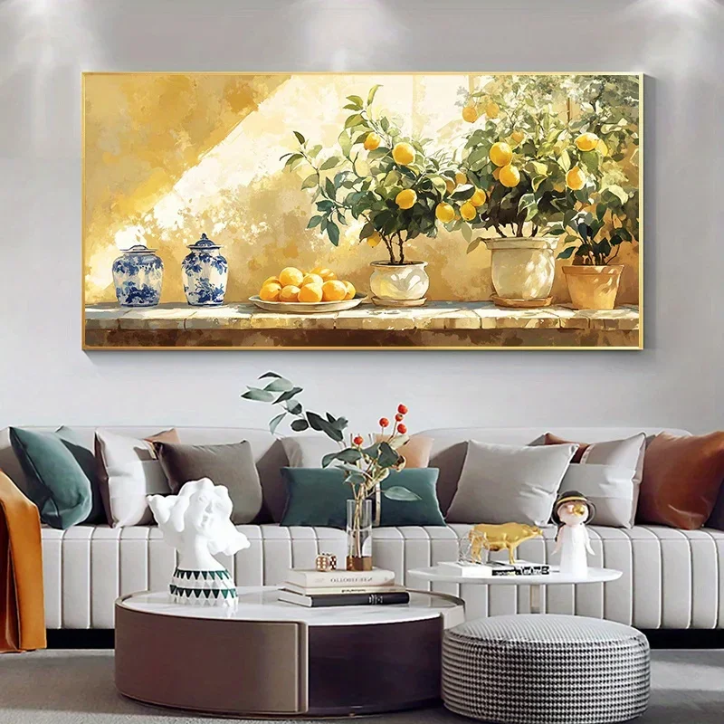 1pc frameless Canvas Painting Modern Abstract Farmhouse Lemon Vase Canvas,Frameless Vibrant Yellow and Blue Still Life Wall,Livi
