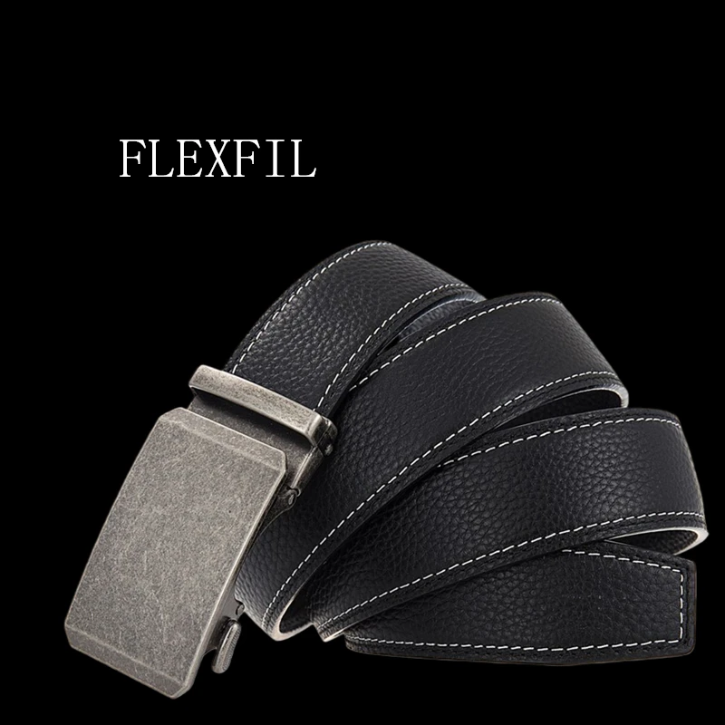 FLEXFIL الرجال حزام جلد البساطة المعدنية الأعمال موضة خمر العلامة التجارية الكلاسيكية الترفيه جلد البقر حزام الخصر الجينز الرجال حزام