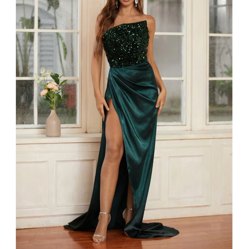

Luxury Dubai Evening Dress Dark Green Slit Side Sequins Birthday Outfits Women Vestido De Festa Gala Formal Occasion Party Gown