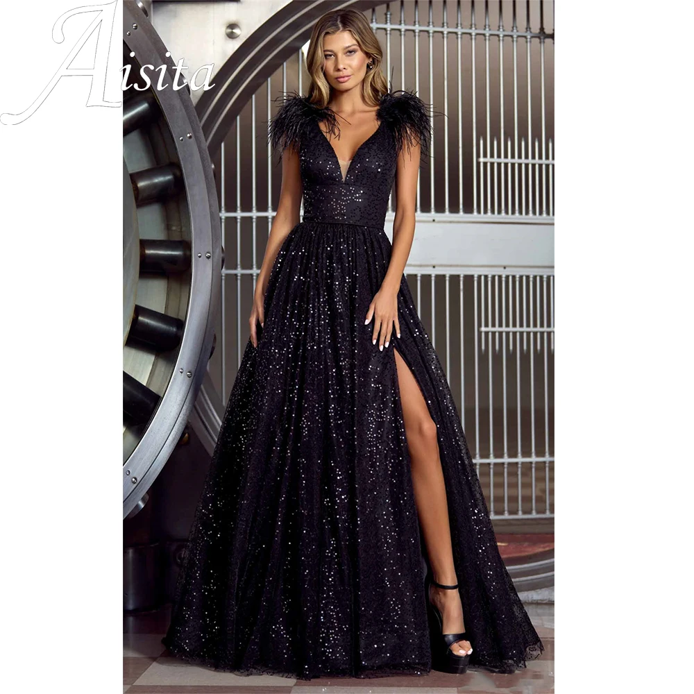 

Sexy Sparkling Prom Dresse Princess One Shoulder Prom Gown Shiny Black Side Split A-Line Formal Party Dress فساتين مناسبة رسمية