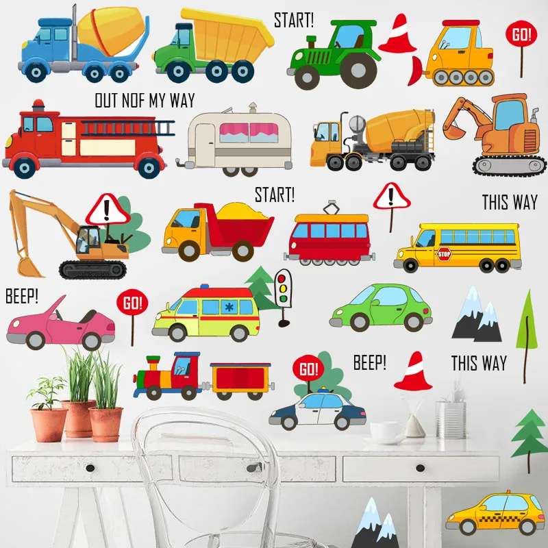 

Engineering Toy Car Track Excavator Wall Sticker City Cartoon Kindergarten Decorative PVC Wall Stickers Self-adhesive Picture