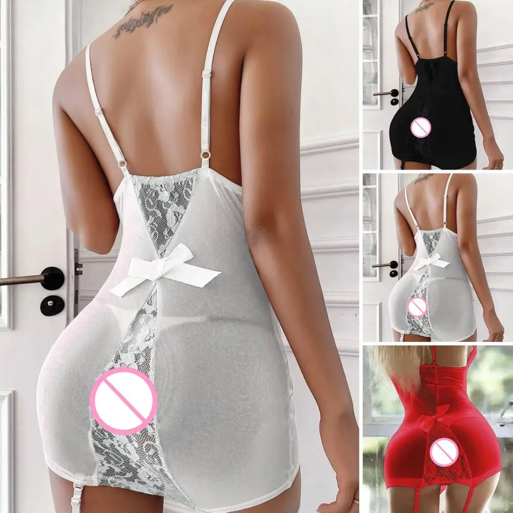 Nightdress G-string Set Low-cut V Neck Lace Sleeveless Backless Slim Fit Hollow Elastic Adjustable Spaghetti Strap Panties Set