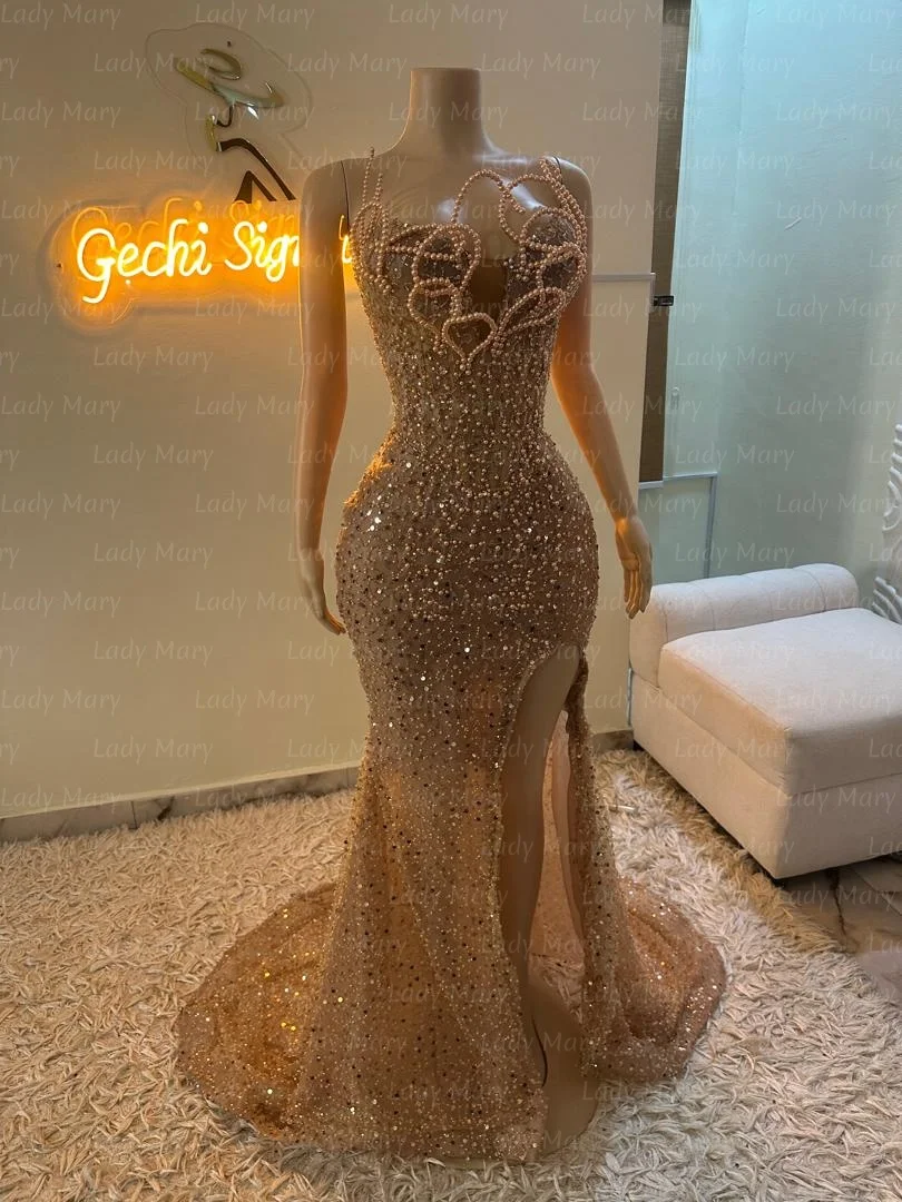 

Платье для выпускного вечера с блестками и бусинами для черной девушки Aso Ebi Pearls с разрезом спереди, вечернее платье, robes de soirée по индивидуальному заказу