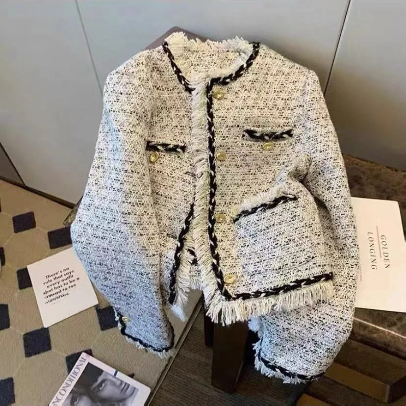 

Elegant Korean Plaid Tweed Jacket Women Fall autumn winter Fashion Fringe Single Breasted o-Neck Crop Coat All Match Lady E05