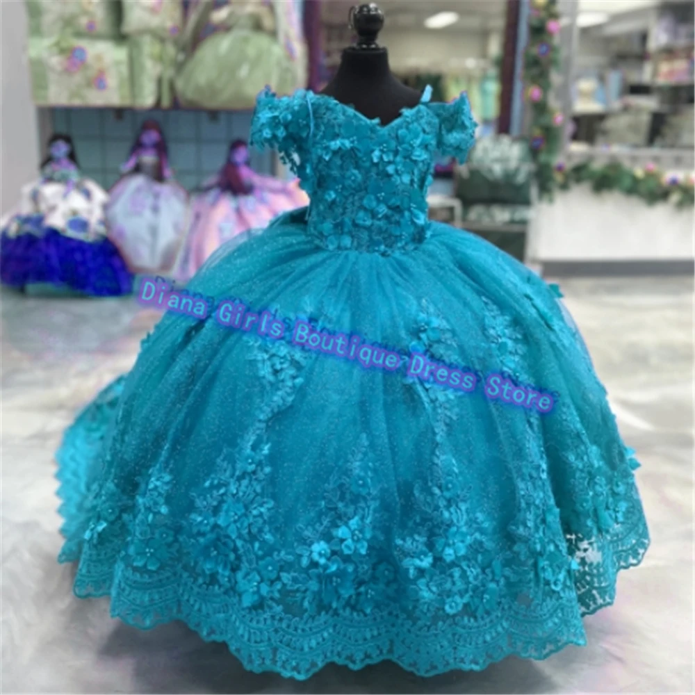 Elegant 3D Flowers Appliqué Flower Girls Dress for Wedding Tulle Fluffy Party Kids Girls Birthday Evening Gowns Customized