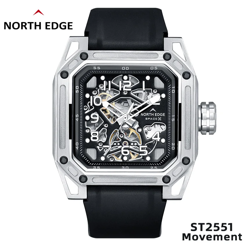 NORTH EDGE Men\'s Mechanical Watches Stainless Steel Skeleton Automatic Watch For Men Waterproof 100M Seagull\'s Movement Space X