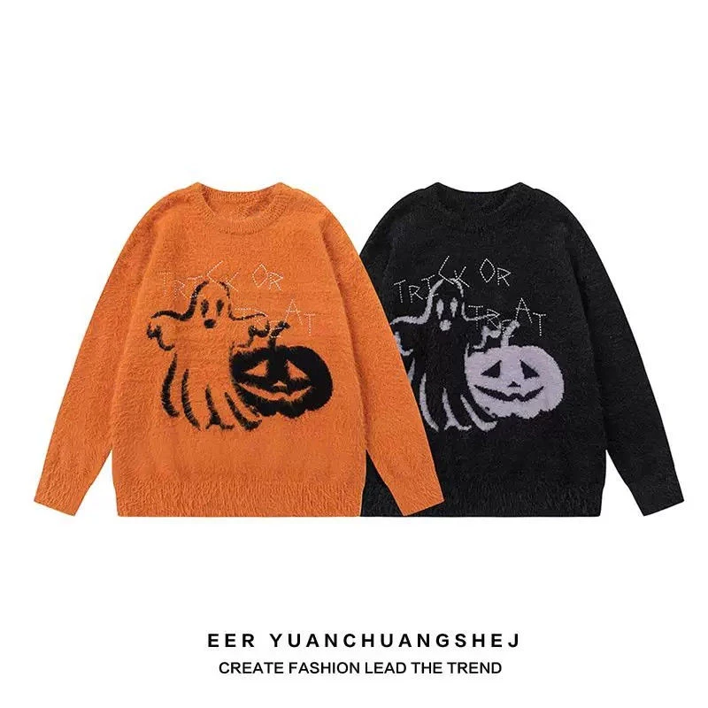 Halloween Pumpkin Ghost Men O Neck Long Sleeve Sweater Fairy Graphic Funny Fashion Loose Couple Clothes Holiday Party Mardi Gras