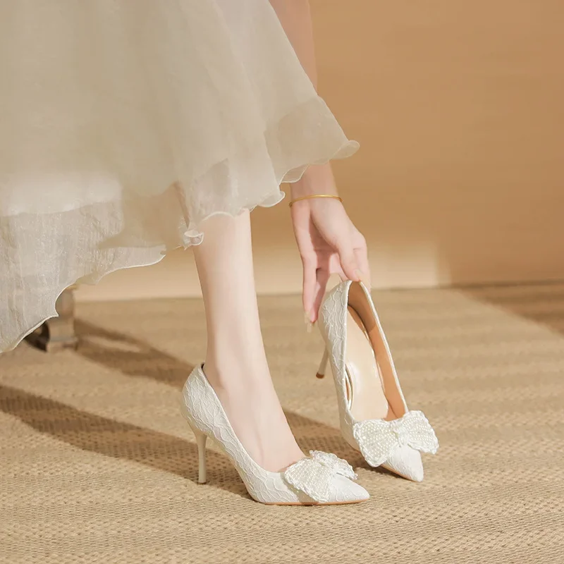 

Large Size 31-43 White Wedding Dress Bridal Lace White High Heels Women Stiletto