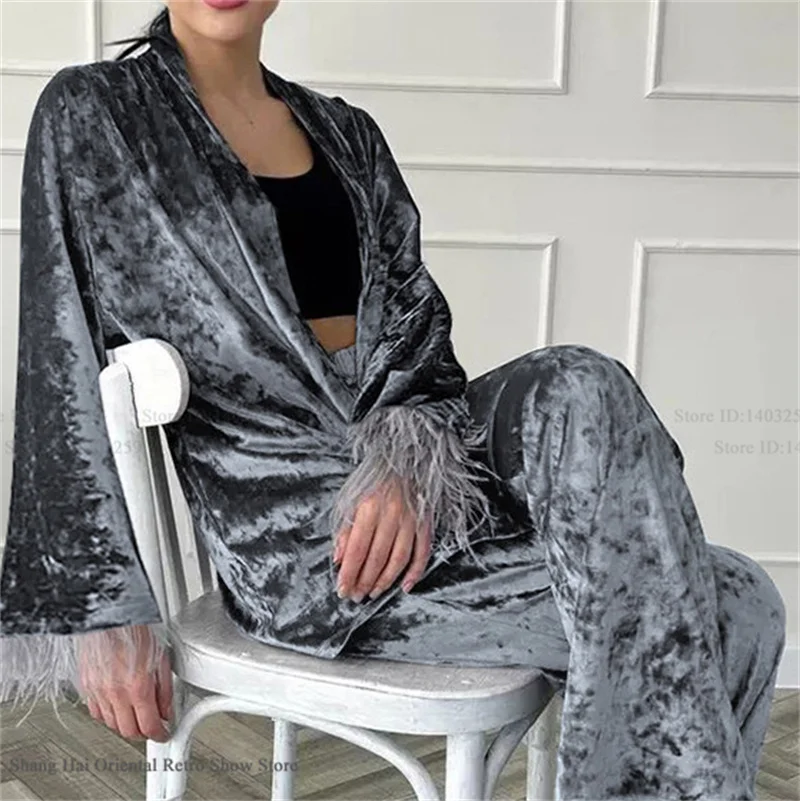 

Autumn New Velvet 2PCS Pajama Set Female Sleepwear Luxury Feather Long Sleeve Trouser Suit Pijamas Elegant Loose Velour Homewear