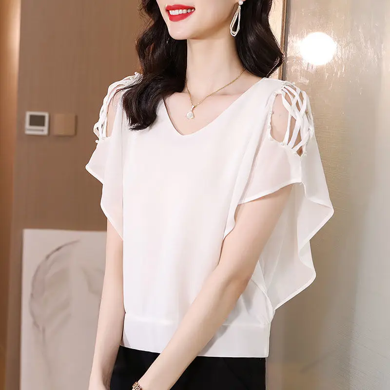 Korean Elegant Batwing Sleeve Chiffon Shirt Summer V-Neck Commute Solid Color Casual Female Clothing Loose Chic Beading Blouse