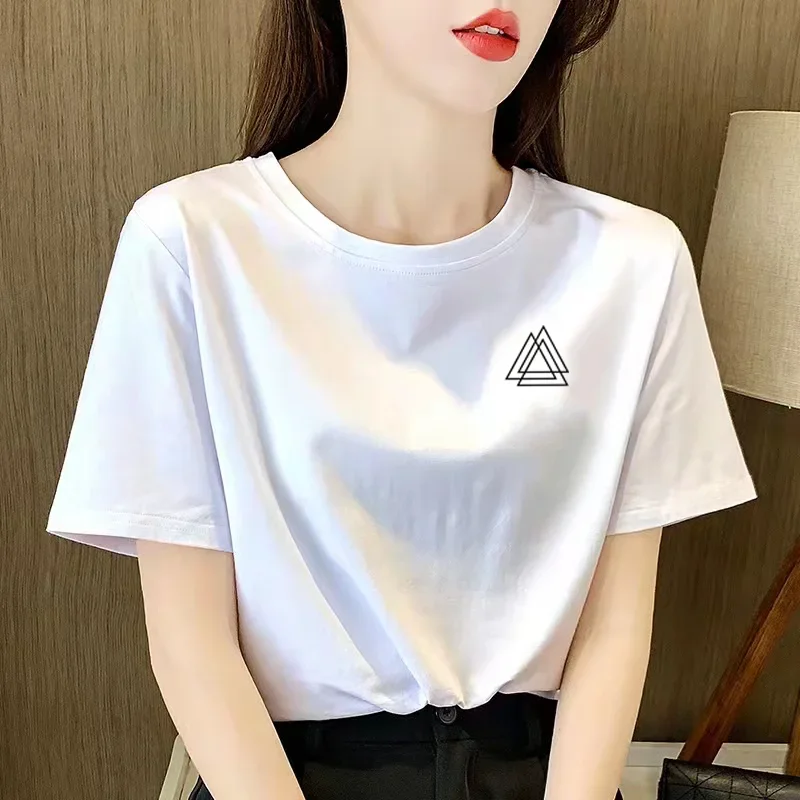 Korean Women Simple Casual Print Loose Senior Sense o Collar Short-Sleeved T-Shirt Women's Clothing Trend Letter Top T Shirt