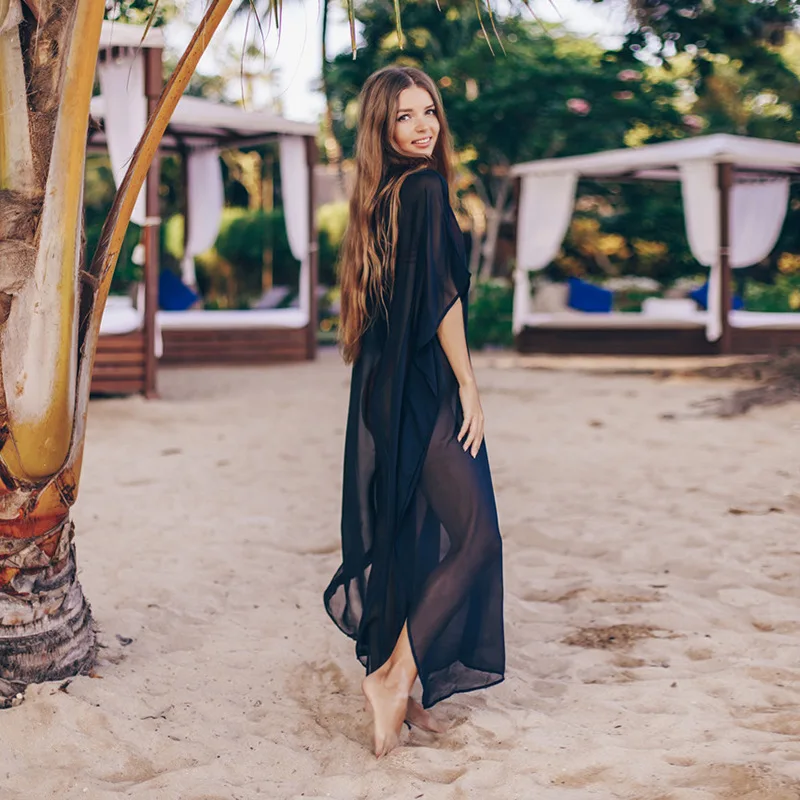 Bordado feminino Chiffon Swimwear, Kaftans turcos, Encobrir maiô, Vestido Longo Praia Caftan