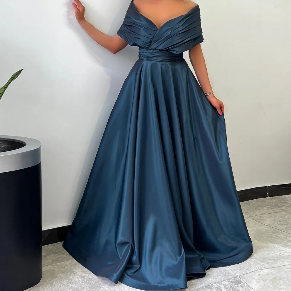 

A-Line Off the Shoulder Satin Half Sleeves Formal and Temperament Evening Dresses Pleats Ruched Lace Up Back Saudi Arabia 2024