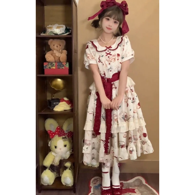 Japão doce lolita peter pan colarinho vestido de verão arco dos desenhos animados vestido bonito kawaii em camadas cascata shorts manga festa vestidos
