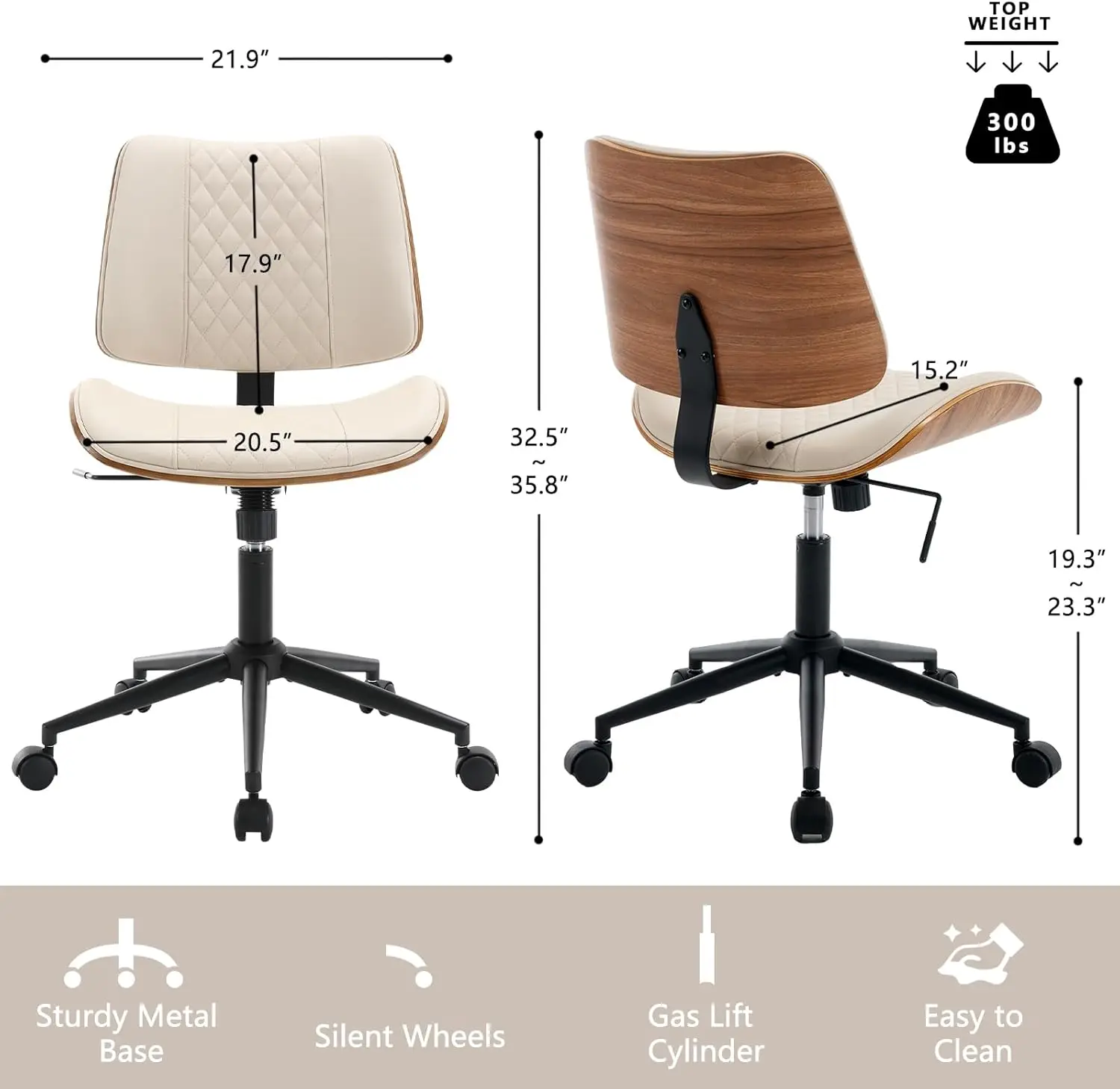 Home Office Chair No Arms with Wheels, Adjustable Height Small Desk Chair, PU Leather Mid Back 360 Swivel Computer Chair