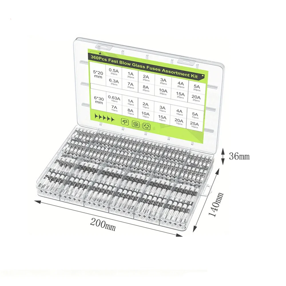 360Pcs Fast Blow Glass Fuses Assortment Kit 5x20mm 0.5A-20A & 6x30mm 0.63A-25A Quick Blow Tube Fuse Mixed Ampere Set