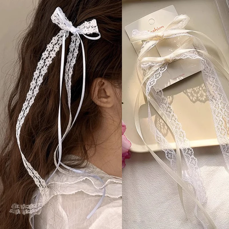 

2Pcs White Sweet Lace Long Bow Hair Clip Women Girls Ribbon Tassel Bowknot Hair Pins Braid Barrettes Trend Hollow Out Headwears