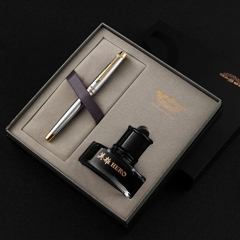 Hero 800A 12K Gold Nib Stainless Steel Fountain Pen Authentic Writing Gift Set Business Ink Pen