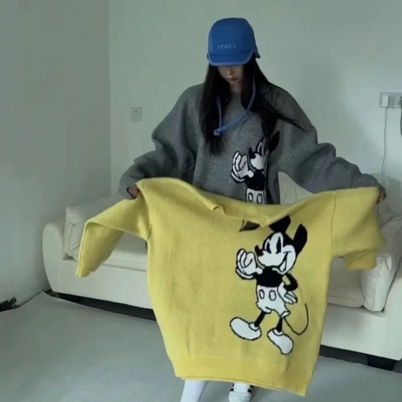 Disney Mickey Mouse Autumn Winter New Pullover Korean Version Loose Lazy Style Knitted Sweater Women's Design Sweet Cartoon Top