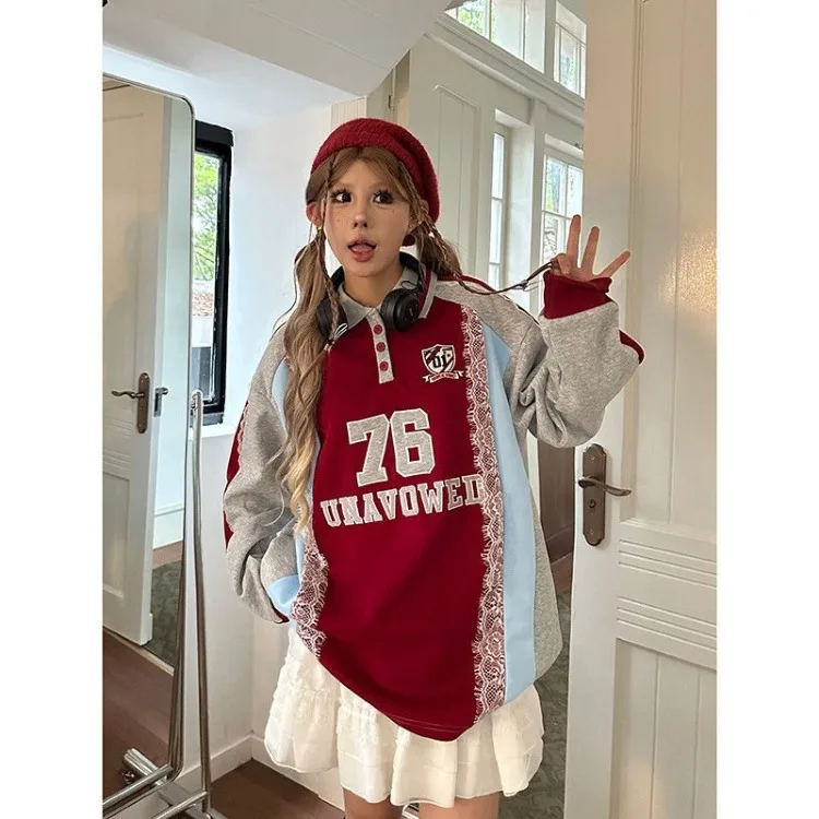 Korejepo American Burgundy Lapel Shirt Lace Splicing Sweater Loose Retro College Coat Top Women's Spring Autumn Blouse 2024