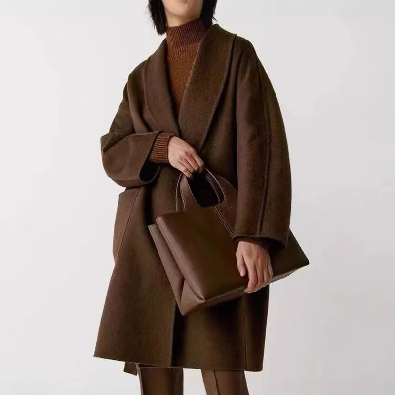 

Camel Wool Autumn Winter Collar Long Lace-up Bag Woolen Coat Coat