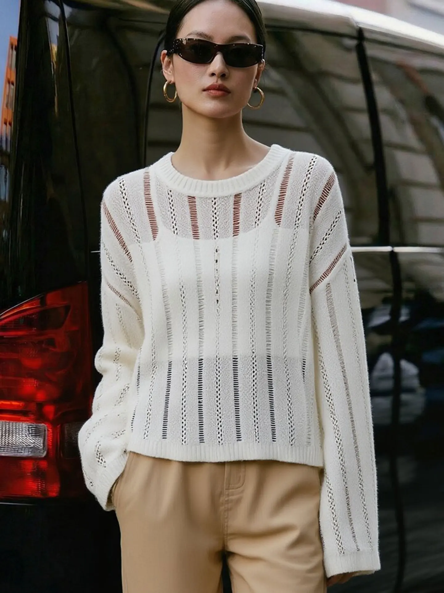 

Ele Hollow out Long Sve Knitted Sweater Comfortable Loose Fit round Ne Spring Faion Casual Versatile Women's Top