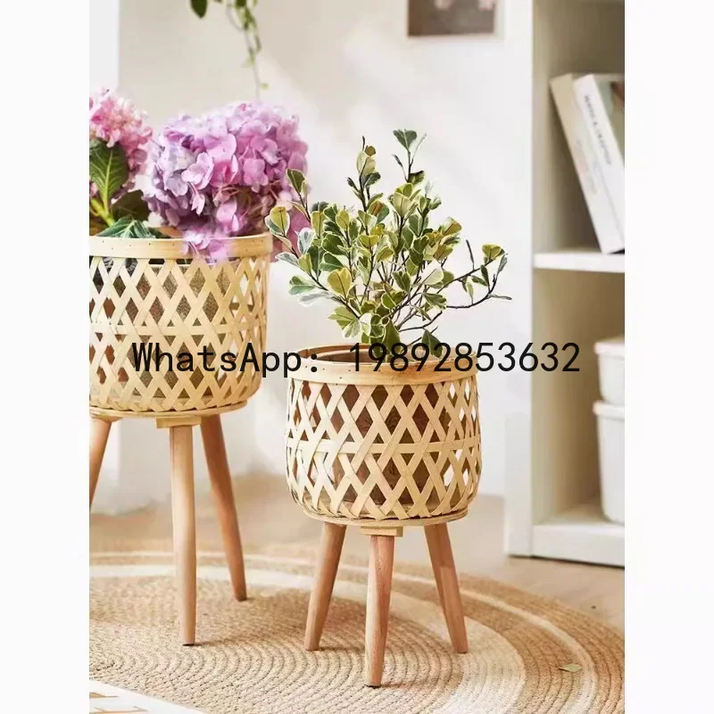 

XL4-1 solid wood rattan flower stand, living room sofa side few floor-to-ceiling bamboo woven shelves, corner balcony flower