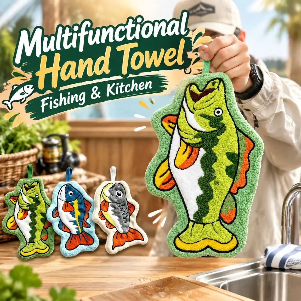 Absorbent Fishing Hand Towel Quick Dry Thickened Lure Fishing Wipe Cloth Hanging Fish Shaped Kitchen Hand Towel Multifunctional