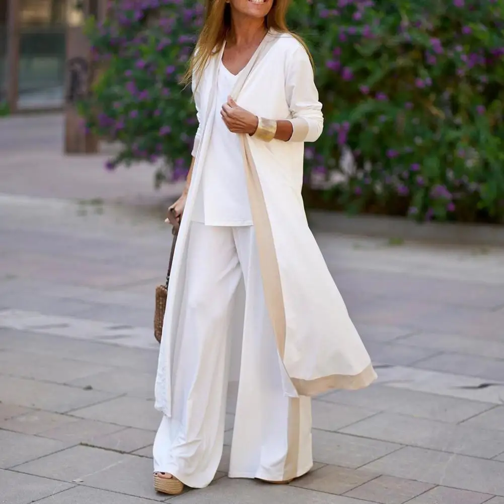 Elegant Long Cardigan Sling Tops Wide Leg Pants Suits Summer Casual Cardigan Camisole Pants Three-Piece Sets Women Outfit