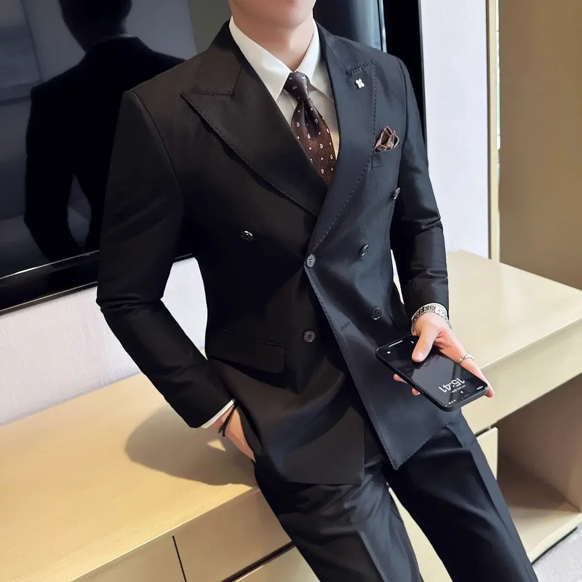 Double Breasted Full Men\'s Suits and Blazers Solid Color 2 Piece Outfit Set Male Youth Casual Gentleman Trends Costumes Elegant