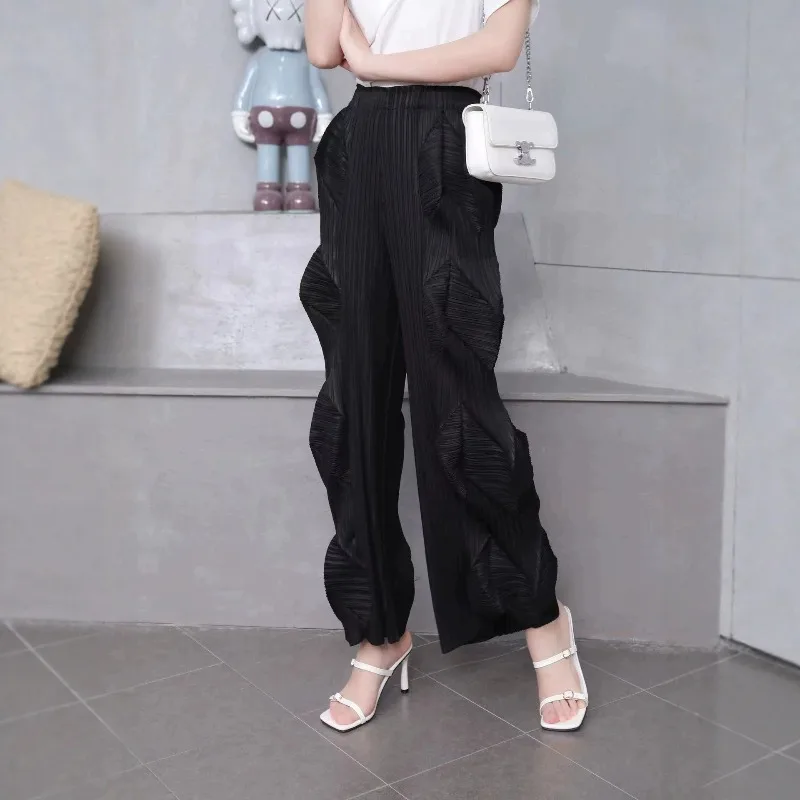 Miyake Pleated Wide-Leg Pants Women 2026 Autumn New Three-Dimensional Flower Bud Design Casual Draped Plus Size Straight Pants