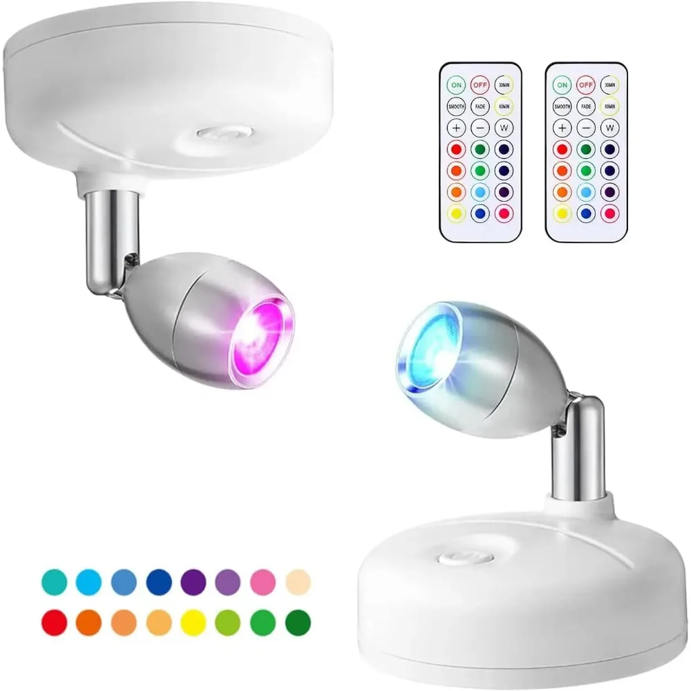 

LED Spotlights Wireless RGB Remote Control Rotatable Accent Lights Battery Powered Indoor Puck Lights Timer Wall Lamp