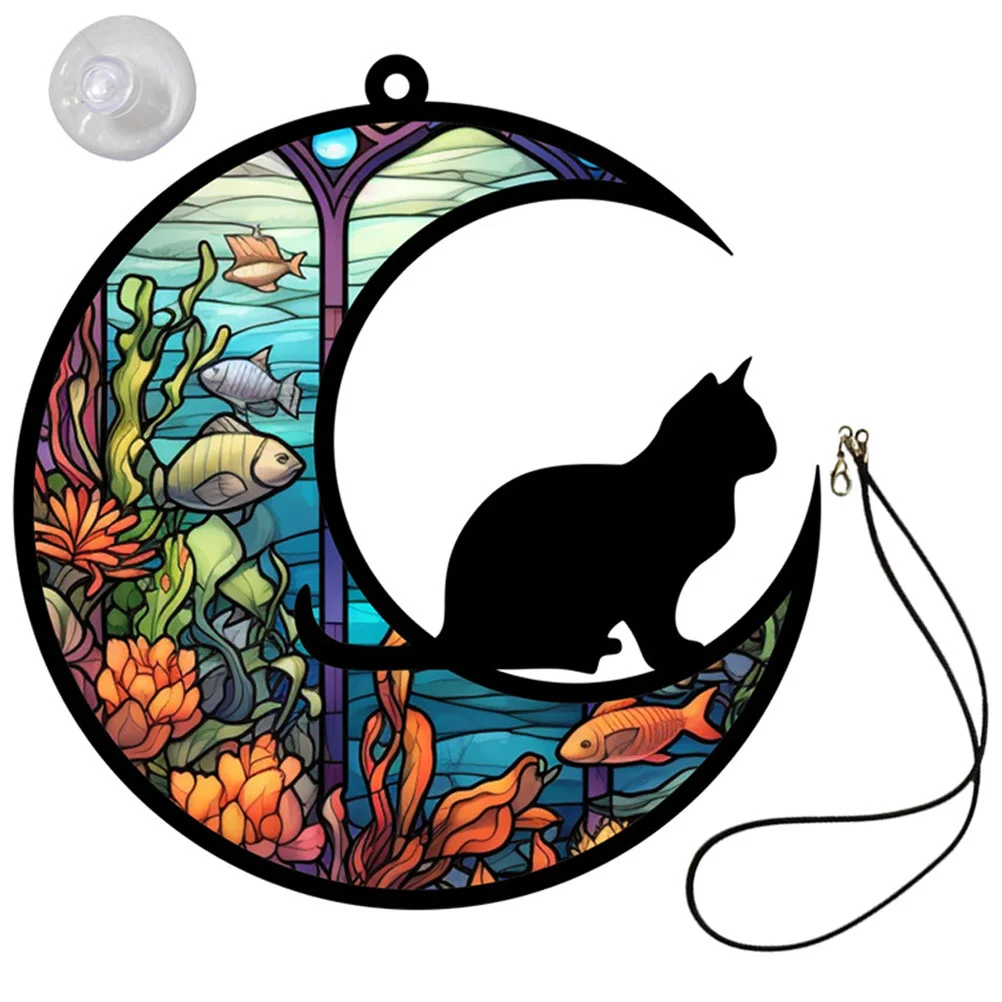 Cat Moon Shaped Hanging Decor Cat Moon Stained Glass Window Hanging Wall Glass Suncatcher Ornament Glass Panel