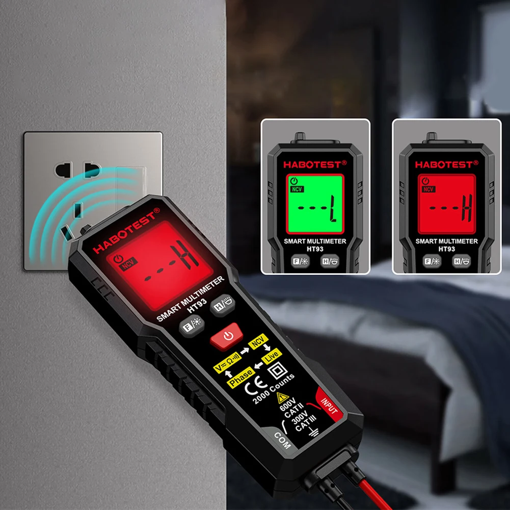 HT93 Digital Multimeter TRMS 2000 Counts Auto-Ranging AC/DC Voltage Resistance Tester with NCV Live Wire/Continuity Test