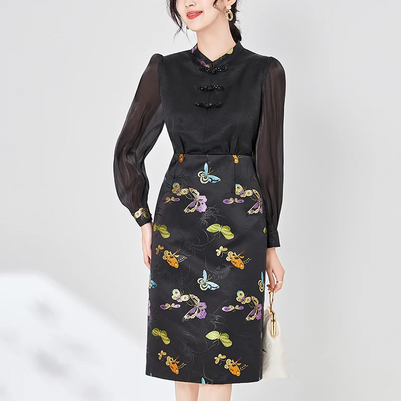 

Chinese Style Vintage Dresses For Women Elegant Mandarin Collar Long Sleeve Butterfly Print Patchwork Women's Black Long Dress