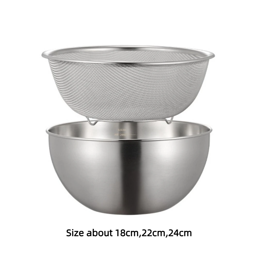 2pcs/Set Stainless Steel Colander Bowl Set with Scale Multifunctional Sink Strainer Spaghetti Strainer Kitchen Organizer