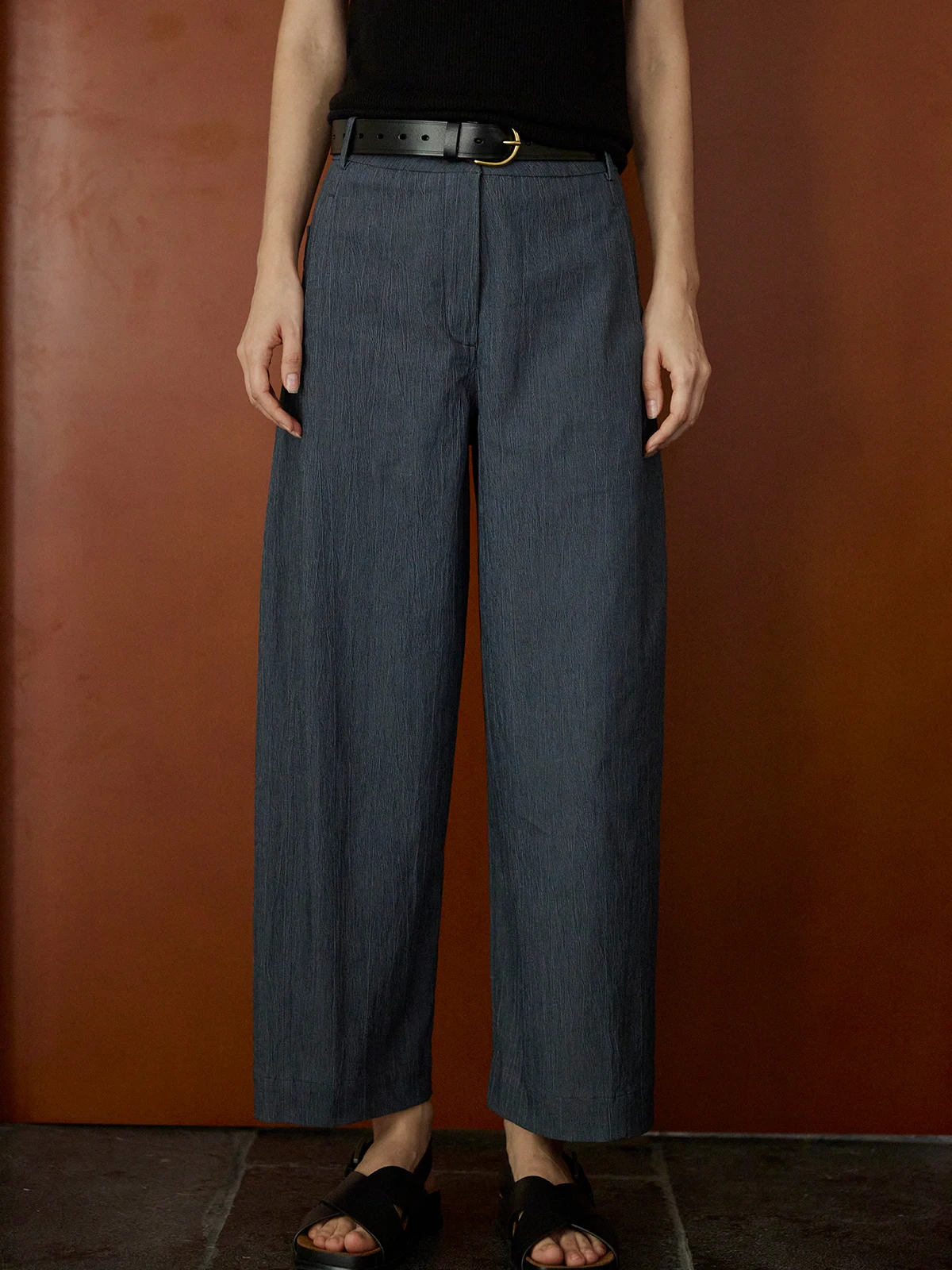 

Moofeel Textured Nine-Five Casual Pants Women's Thin High Waist Loose Wide Leg Suiting Trousers Autumn Season Cotton Blend
