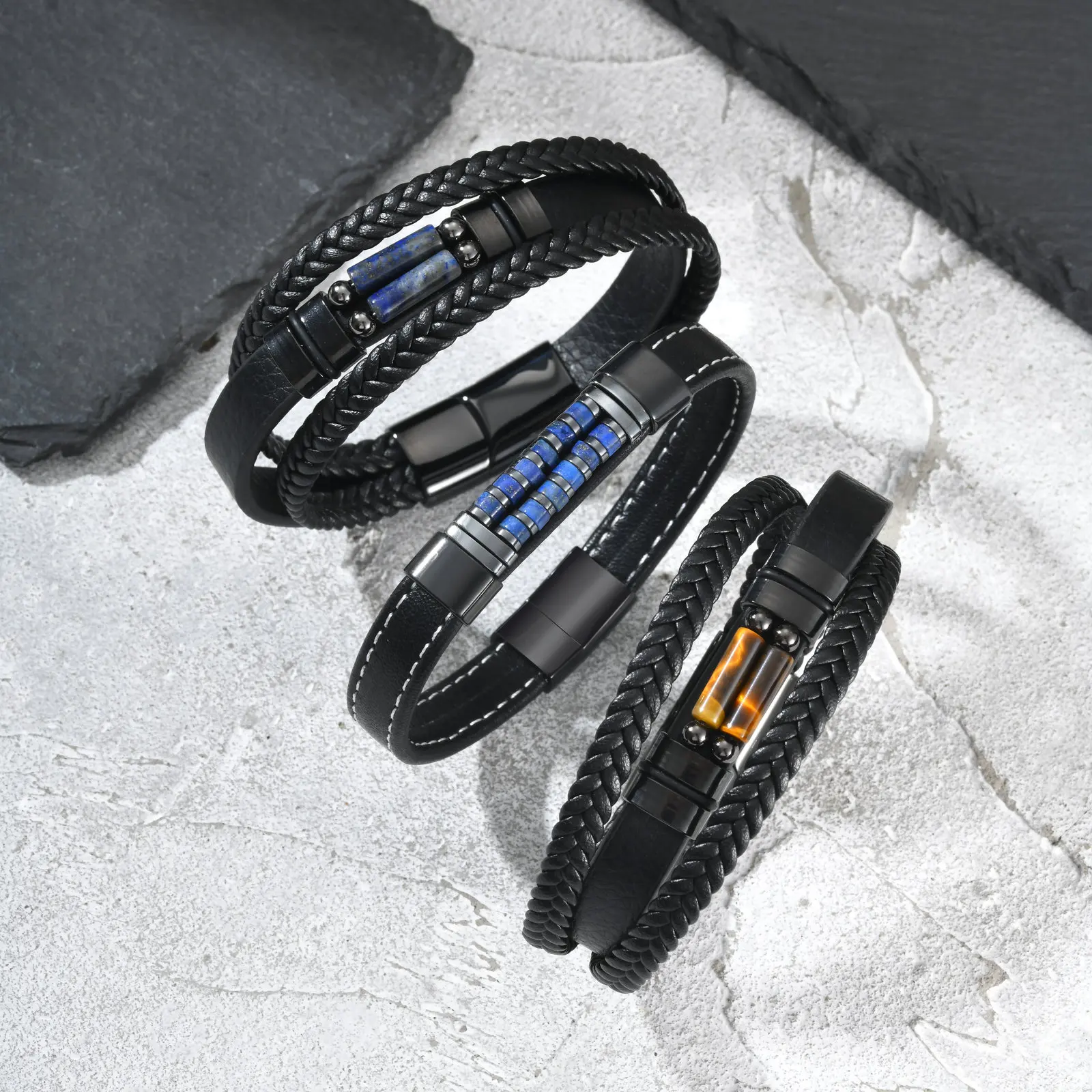 Vnox Men's Leather Bracelet Natural Stone Beaded Braided Multilayer Wristband Magnetic Buckle Punk Jewelry Gift for Dad Son Him