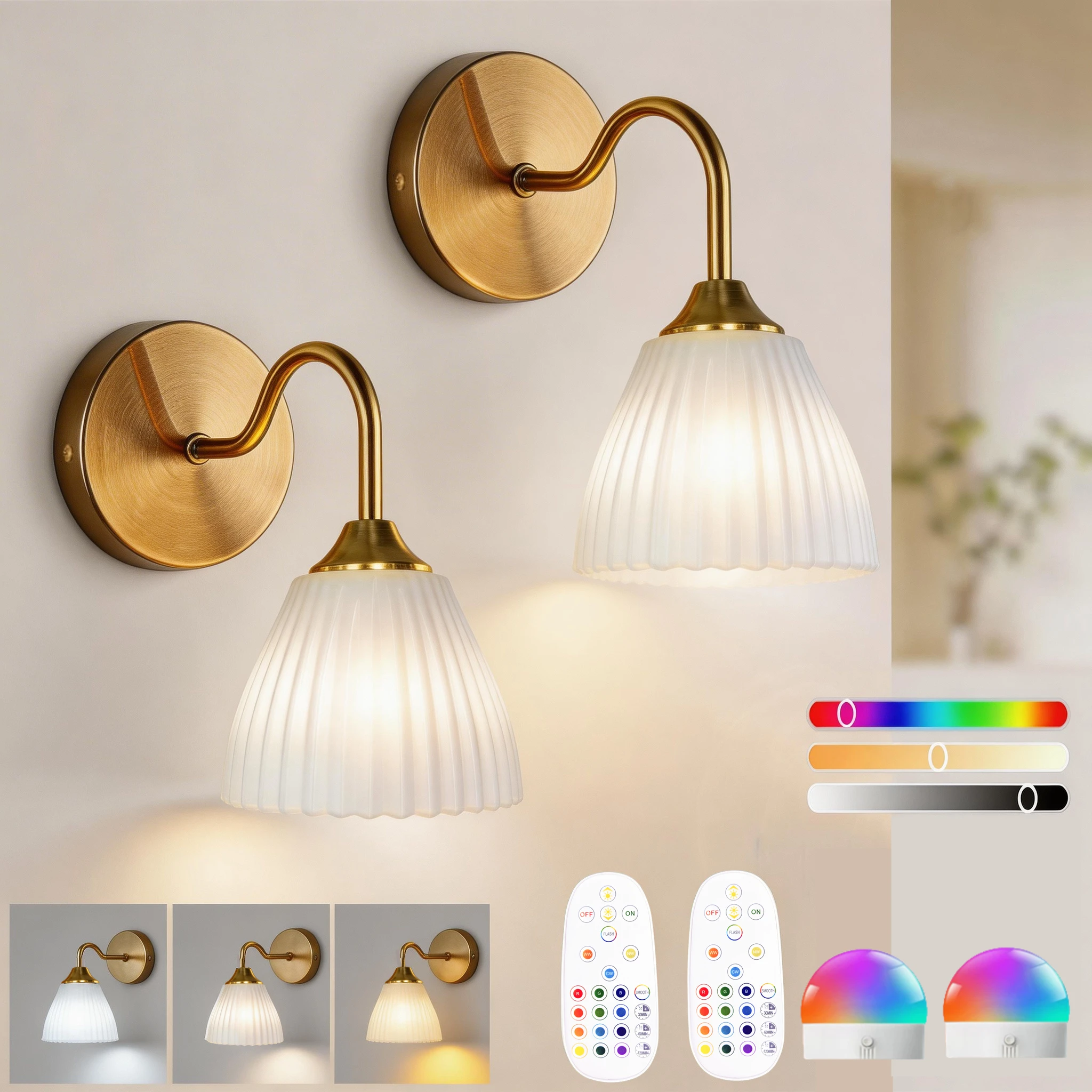 Luminária de Parede com Bateria (2 Peças/1 Peça), Sem Necessidade de Fiação, Recarregável e Regulável, Equipada com Lâmpadas RGB e Controle Remoto, Corpo em Ouro Escovado com Abajur de Acrílico Minimalista Branco, Pode Realçar a Aparência Geral de Salas de Estar, Quartos, Corredores e Entradas.