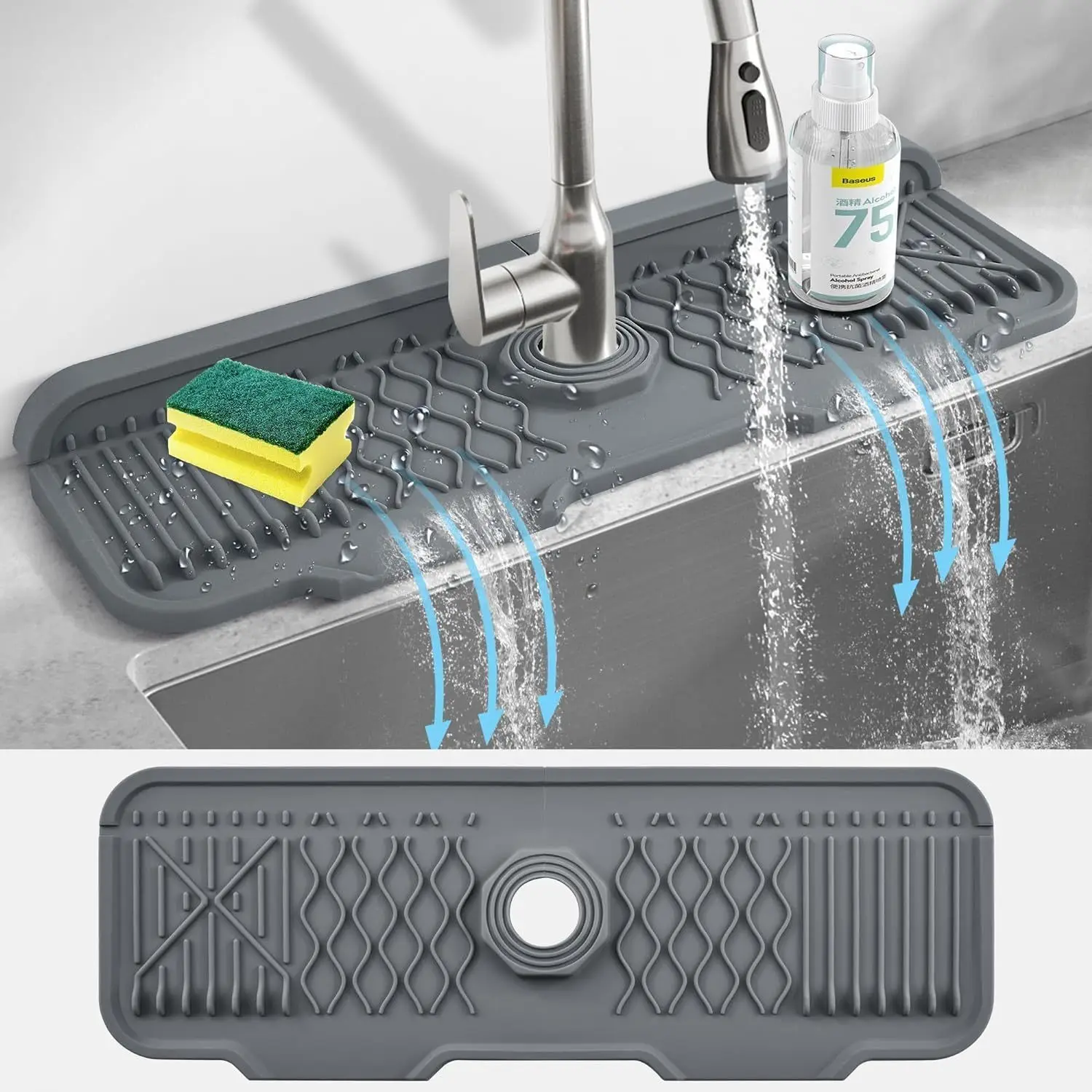 Easy Clean Silicone Faucet Splash Guard Mat Anti-Slip, 5° Slope Design with Foldable Edge for Space-Saving & Water Redirection